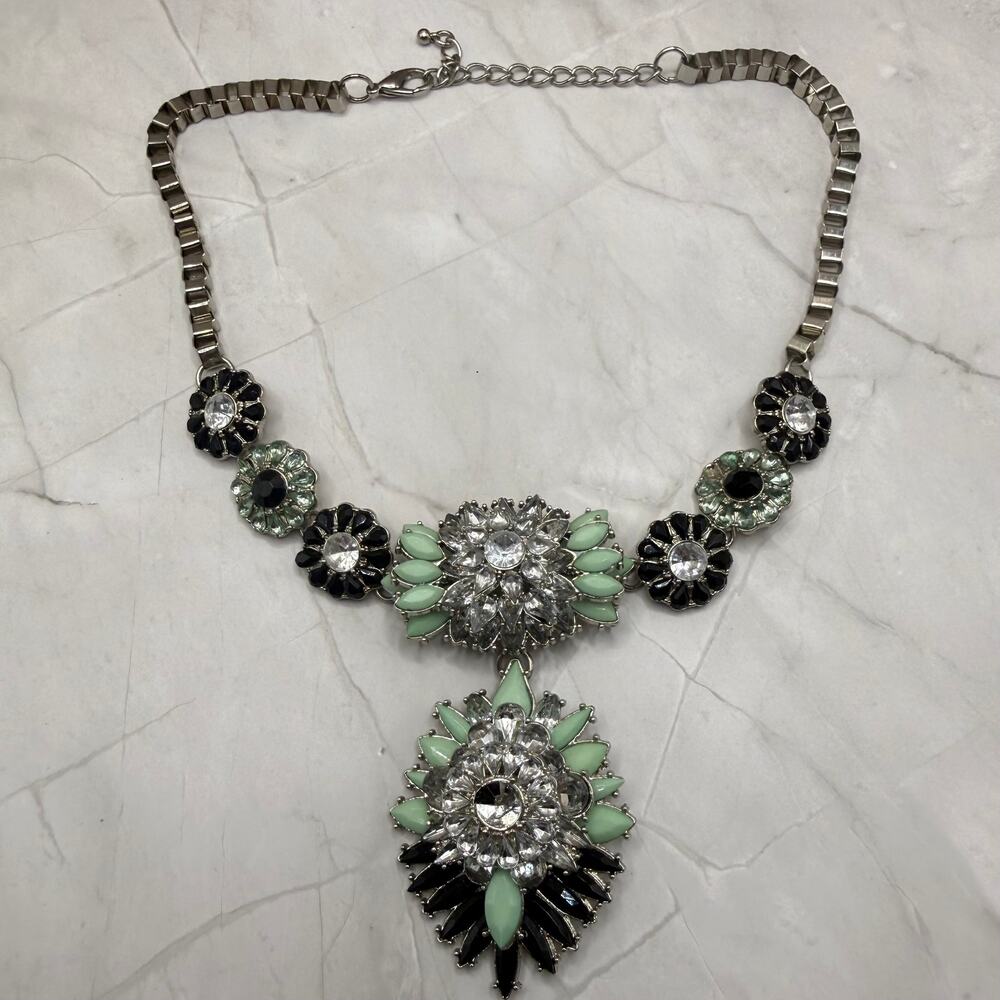Vintage Mint Green Black Rhinestone Floral Statement Necklace Missing Stone